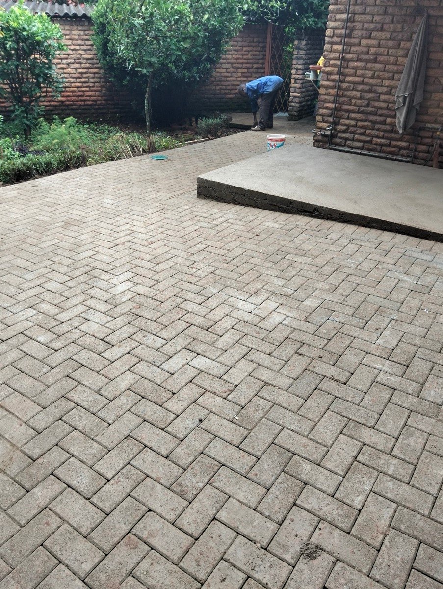 Beautiful herringbone paved driveway lined with palm trees — a Tzaneen Paving project